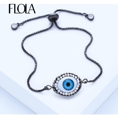 FLOLA Crystal Round Evil Eye Charm Bracelet for Women Adjustable Chain Bracelets Ethnic Vintage Jewelry Pulseira Feminina brta60