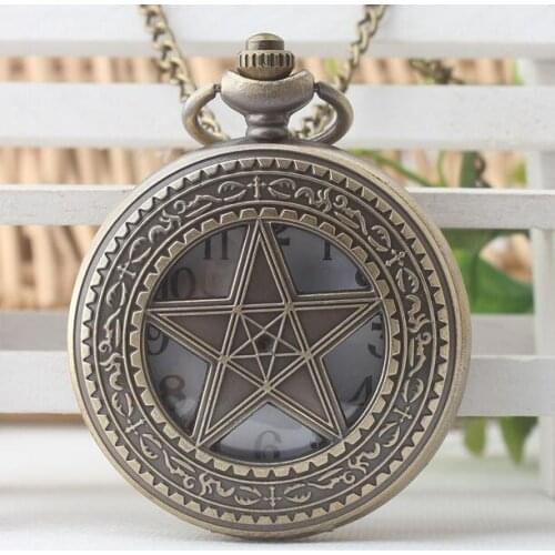 New Fashion Bronze Pentagram Hand Hollow out Wind Skeleton Pocket Watch Men Women Watch Chain Gift