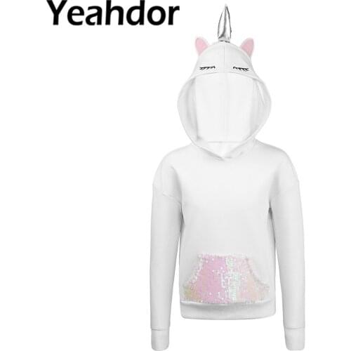 Kids Children Girls Fashion Hooded Hoodie Top Spring Cartoon Printed Long Sleeves Shiny Sequins Sweatshirt Casual Tops T-shirt