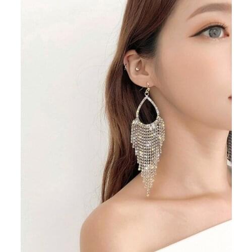 ARLIE Long Tassel Geometric Drop Earrings for Women 2020 Shiny Crystal Rhinestone Hanging Dangle Earrings Bride Wedding Jewelry