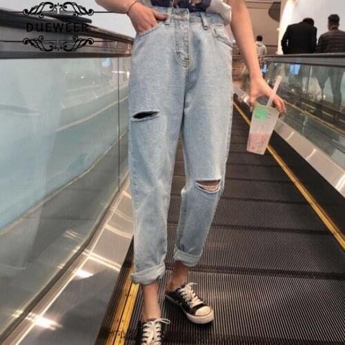 Dueweer Women Harem Hole Jeans Washed Ripped Trousers Solid Loose Plus Size All-match Fashion Casual Ulzzang