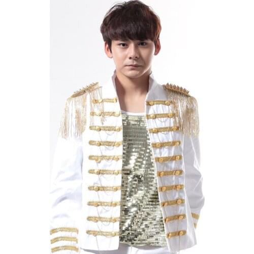 Jazz Dance Costumes Stand Collar Tassel Gold Embroidery Suit Jacket Male DJ Rock Bar Evening Party Pole Dancing Clothing DT803