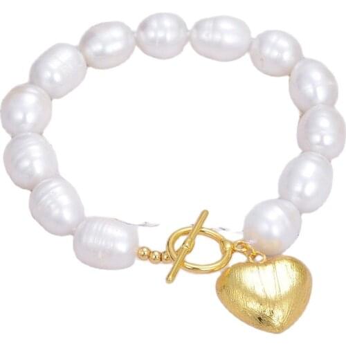 GG Jewelry Natural Cultured White Rice Pearl Bracelet Gold Color Plated Brushed Heart Charm 8" Handmade For Women