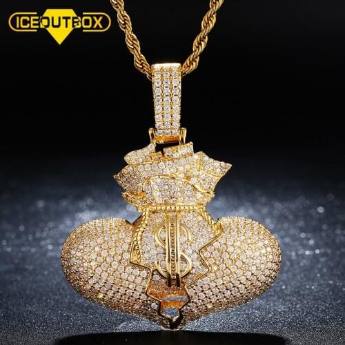 ICEOUTBOX Dollar Money Bag Broken Heart Pendants Necklace Micro Paved AAA Cubic Zirconia Bling For Men Hip Hop Rapper Jewelry