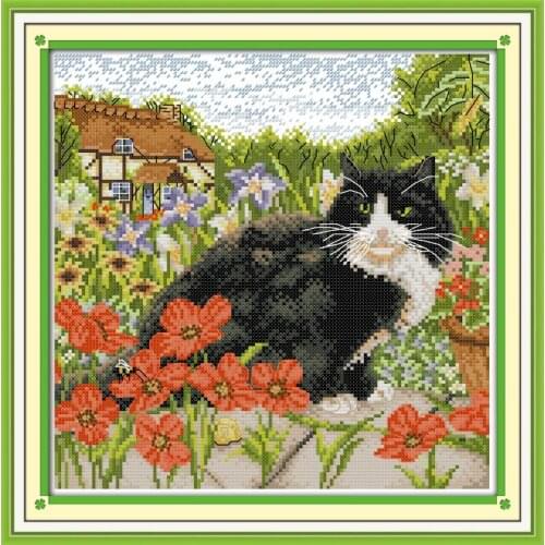 Joy Sunday The Cat and Poppy Painting Counted Print on Canvas Cross Stitch Kits DMC11CT 14CT Needlework Embroider Animal Sets