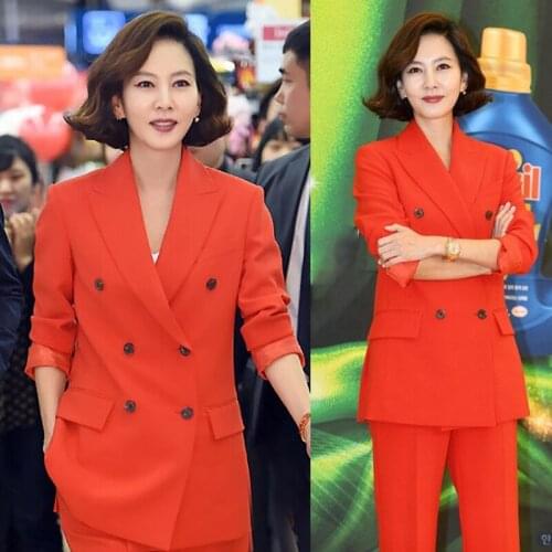 Two piece set top and pants double-breasted suit red suit female fashion casual professional dress two-piece new