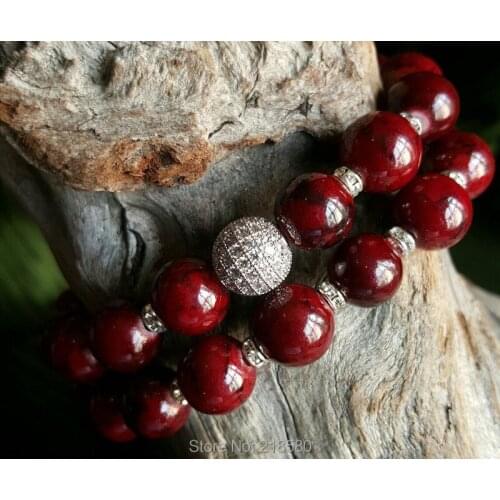 Red Riverstone Beads Silver Pave CZ Ball Bracelet Set SE21600