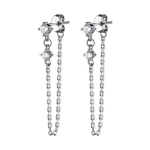 Cute Bohi Authentic Real 100% 925 Sterling Silver fine Jewelry Prong 4A+ CZ Round dangle Earrings Tassel Chain C-G8953