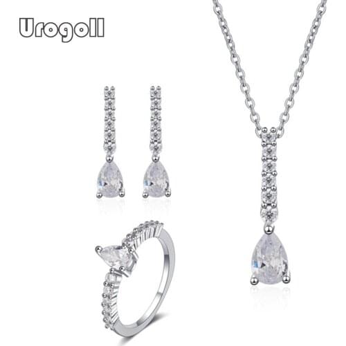 Fashion Women Pure 925 Sterling Silver Bridal Jewelry Sets Waterdrop Zircon Necklace Earrings Ring Rhinestone Accessories Gifts