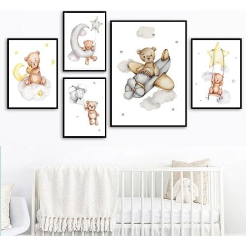 Cartoon Bear Airplane Balloon Moon Star Nursery Wall Art Canvas Painting Nordic Posters And Prints Wall Pictures Kids Room Decor