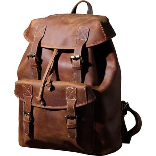 New Retro Leather Large Capacity Backpack Men Laptop Bag Travel Backpack Male Crazy Horse Leather Schoolbag First Layer Cowhide