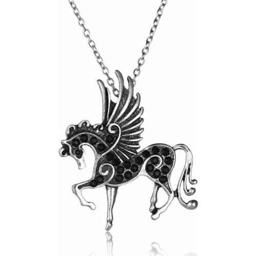 New Black Crystal Rhinestone Fly Horse Pegasus Animals Pendant Necklace Women Friends Sweater Party Gifts Choker Collar Jewelry