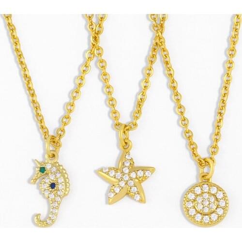 FLOLA Crystal Cubic Zirconia Star Necklace For Women Small Circle Round Seahorse Pendant Necklace CZ Gold Simple Jewelry nker78