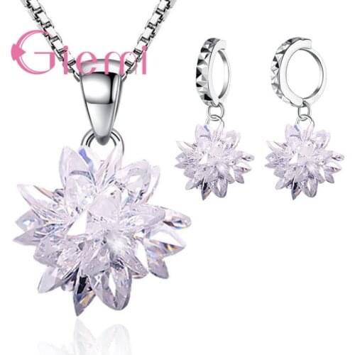 Personality 925 Sterling Silver Snowflake CZ Earring Necklaces & Pendants Chain Cubic Zirconia Jewelry Set For Women
