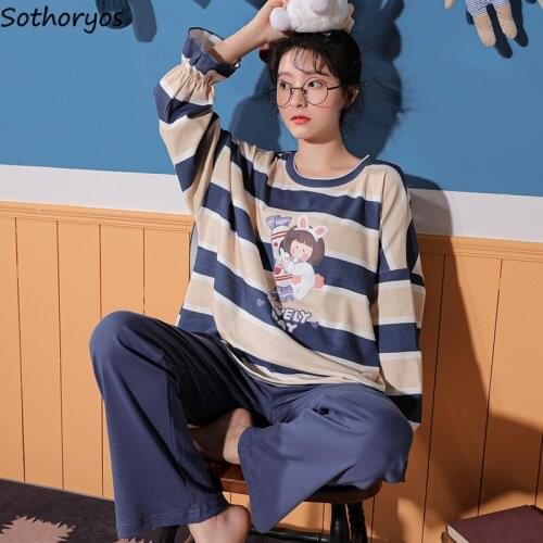 Pajama Sets Women Loungewear Female Loose Autumn Soft Sweet Students Chic Simple Lovely Home Wear Harajuku Korean Style Cartoon