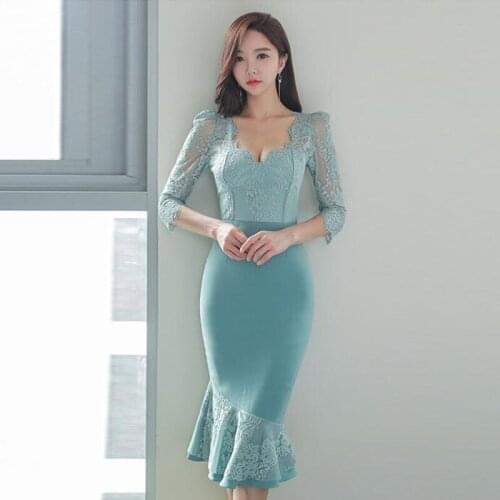 ZAWFL New Korean Party Vestidos Summer Elegant Lace Patchwork Office Work Dress Women V-neck High Waist Bodycon Mermaid Dresses