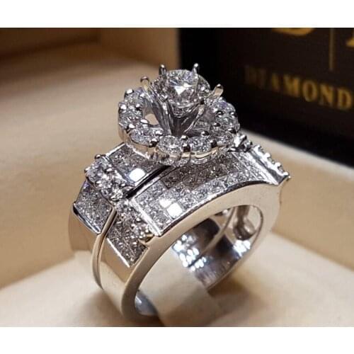 Luxury Crystal Female Big Stone Ring Set Fashion Queen Bridal Wedding Rings For Women Promise Love Engagement Ring