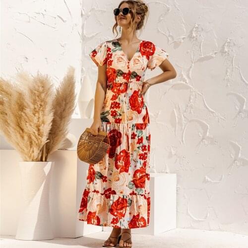 Women Floral Sundress Maxi Dresses Short Sleeve Printed Summer Long Dress 2021 Female Casual Robe Femme Plus Size Woman Vestido