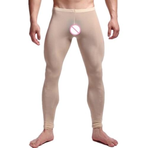 Sexy Men See-through Pants silky Tights Milk Fiber Leggings Trousers Long Johns Underwear U Convex Pocket Mens Wrestling Singlet