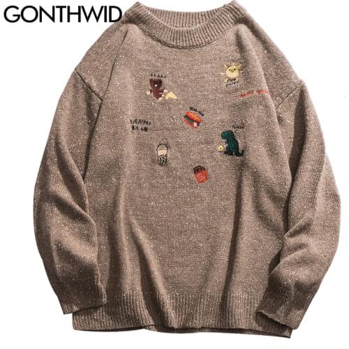 GONTHWID Embroidery Dinosaur Hamburger Bear Pullover Knitted Sweaters Harajuku Casual Knitwear Jumper Tops Hip Hop Streetwear