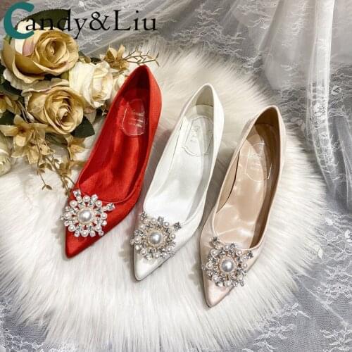 Satin Shoes White Thick Heel Wedding Party 2021 Womens Low Fat Heels 5cm 7cm Pearls Decoration Female Dress Comfortable Pumps