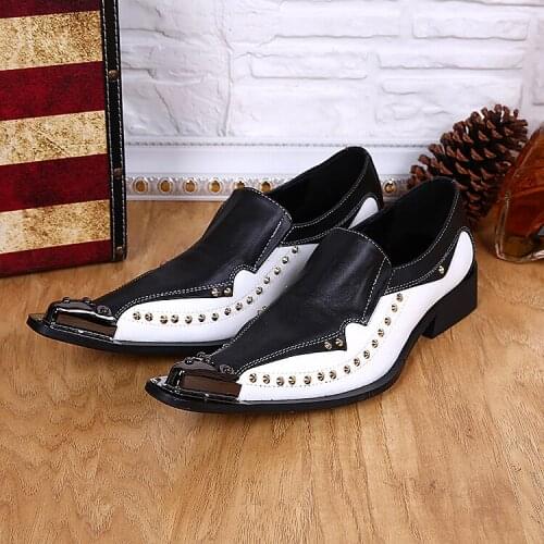 Zapatos de hombre de vestir formal black white spiked steel pointed toe dress loafers shoes male men wedding office oxford shoes