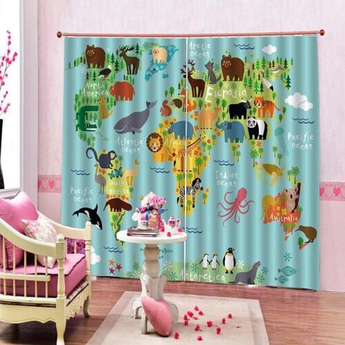 Animal Map of The World for Children and Kids Cartoon Mountains Forests Window Curtains For Childrens room Indoor Drapes Decor