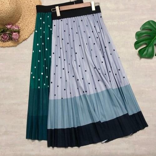 Women Cotton Long Skirts Polka Dots Printing Patchwork Striped Vintage Midi Skirts Fashion High Waist