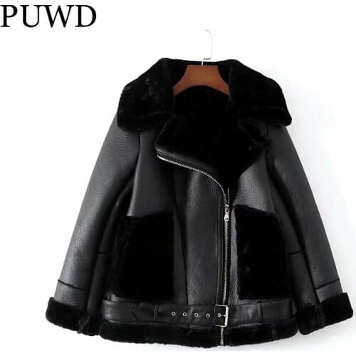 PUWD Warm Women Faux Leather Fur Jacket 2021 Winter Leisure High Street Comfortable Personality Trend Slim Female Thick Outwear
