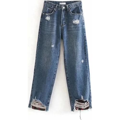 2021 women Pantalon Frayed Jeans Washed Ankle-Length High waist Ripped denim pants pocket casual Hole Straight Cylinder Trousers