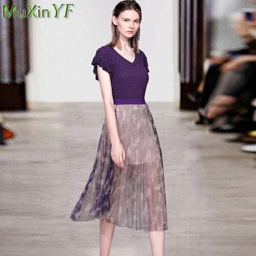 Womens Summer Graceful Thin Sleeveless Sweater Tops+mesh Print Skirts Set 2021 Elegant Ruffles Purple Top+ High Waist Skirt Set