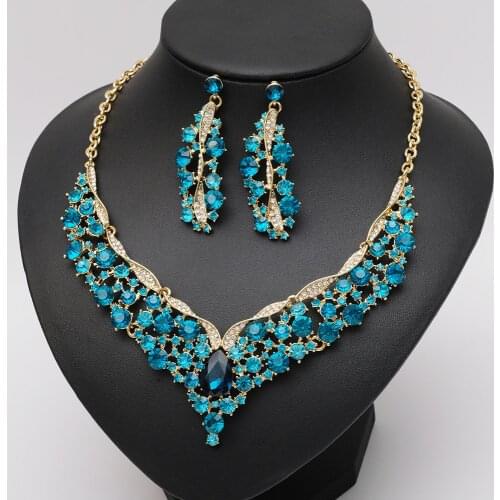 Elegant Austrian Crystal V-Shaped Statement Necklace Earrings Set Bridal Wedding Prom Costume Jewelry For Bride Bridesmaid