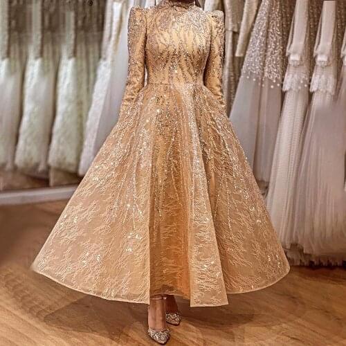 Muslim Gold Sparkle Ankle Length Beading Evening Dresses Gowns 2021 A-Line For Women Party Wear robe de soirée de mariage