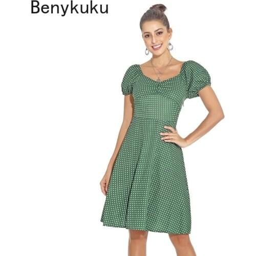 Summer Dress 2021 French Retro Square Collar Puff Sleeve Dot Printed Dress Robe Femme Women Elegant Pin Up Party Dresses Jurken