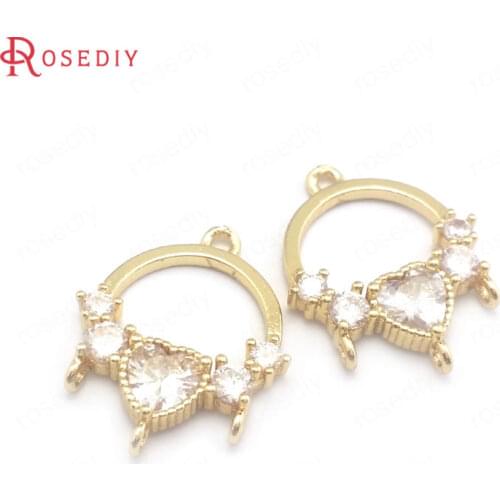 39993)10PCS 16x20MM 24K Champagne Gold Color Brass and Zircon Heart Earring Connect Charms Pendants Jewelry Making Supplies