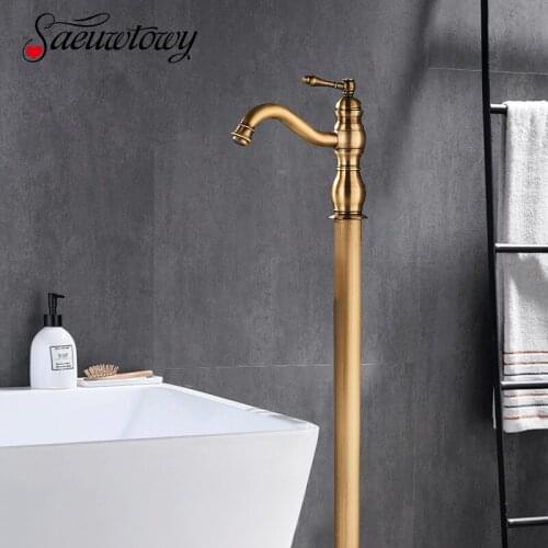 Antique Brass Floor Standing Faucet Bathtub Shower Faucet Hot Cold Water Mixer Tap Sinlge Handle Rotate Spout Bathroom Taps