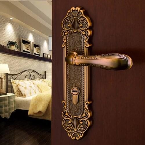 Free shipping Hardware indoor wooden door lock Mechanical double tongue lock Split bedroom bronze handle lock Golden carved lock