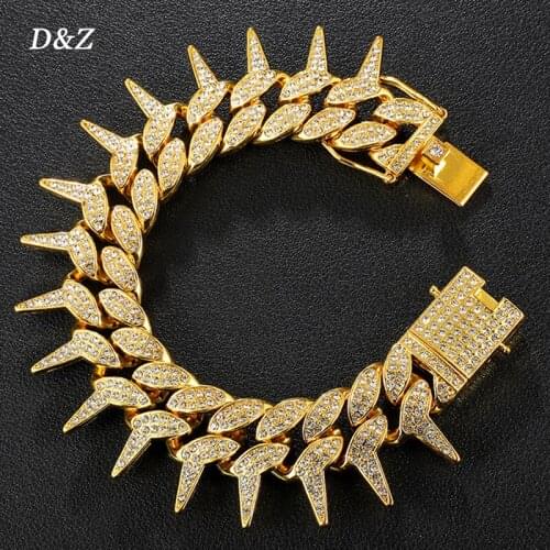 D&Z New 25mm Thorns Cuban Link Bracelet Bling Iced Out Rhinestone Miami Link For Males Hip Hop Street Bracelets Jewelry