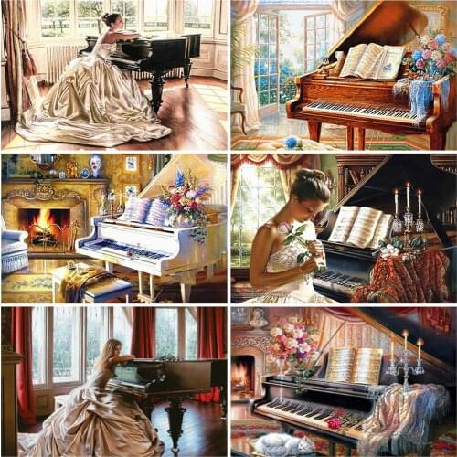 EverShine Diamond Painting Piano Full Drill Square Diamond Embroidery Landscape Picture Woman Mosaic Rhinestones Home Decor