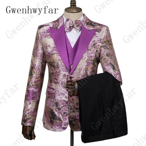 Gwenhwyfar 2019 Latest Business Men Suit 3 Piece Set Slim Fit Prom Wedding Groom Tuxedo Fashion Purple Floral Wedding Mens Suit