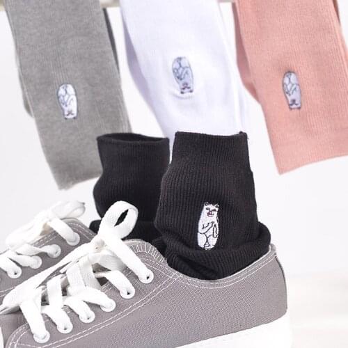 Korean Women Funny Cat Embroidery Knee Socks Harajuku Mid-Finger Cat Animal Cartoon Long Sock Pink White Black