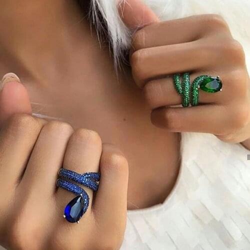 Creative Design Luxury Female Snake Ring Blue Green Crystal Ring Vintage Cubic Xirconia Party Jewelry for Women