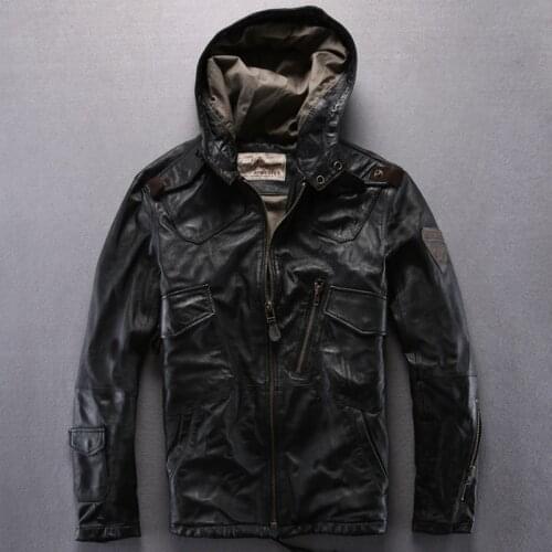 2018 New Mens Avirex Fly Hooded Sheepskin Jackets Black/Brown/Green Military flight jacket Casual Slim fit Pilot Jackets S-3XL