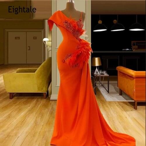 Eightale Evening Dresses with Feather Sexy Red Appliques Chiffon Cap Sleeve Mermaid Prom Gown Party Dress for Celebrity Gown