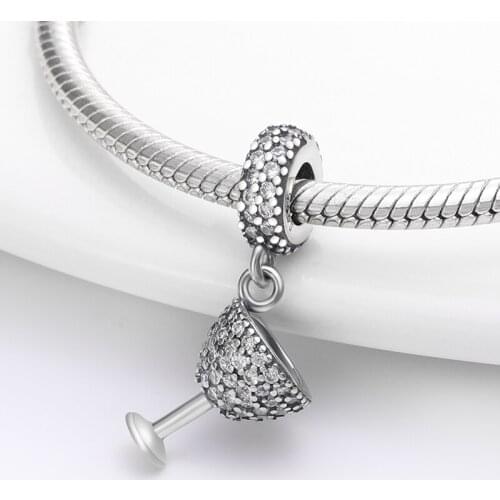 100% Real 925 Sterling Silver Zircon Wine Glass Charm Fit Original 3mm Bracelet&Bangle Making Fashion DIY Jewelry
