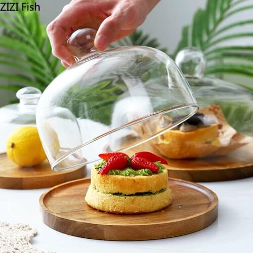 Modern Wooden Cake Tray Glass Lid Fruit Plate Afternoon Tea Dessert Tasting Plate Dust-proof Home Cake Decoration Tableware