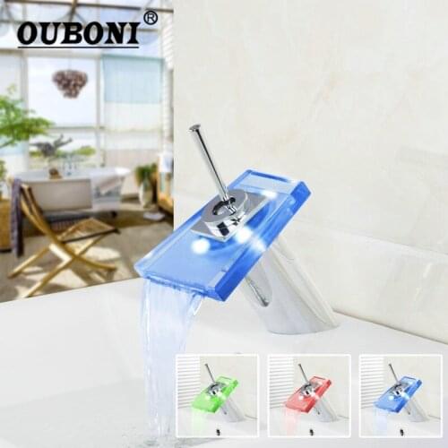 LED Glass Waterfall Bathroom Basin Faucet Single Handle Wash Basin Mixer Tap Chrome Polished Bathroom Faucets Mixers & Taps