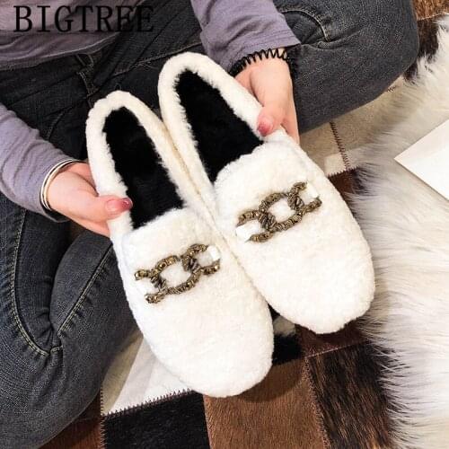 Korean Shoes Black Shoes For Women Fur Loafers Rhinestone Glitter Shoes Creepers Fashion Slip On Feminino Chaussures Femmes 2020