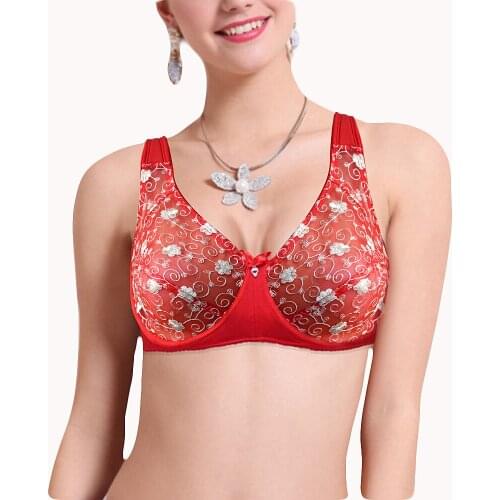 YANDW Big Red Bras For Women Lace Bralette Plus Size Unpadded A B C D DD E F 34 36 38 40 42 44 Sexy Lingerie Floral Mesh Wire