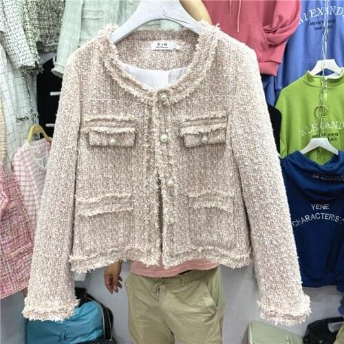 Womens High Quality Korean Vintage Tweed Jacket Coats Single Breasted Plaid Tassel Woolen Office Lady Outerwear